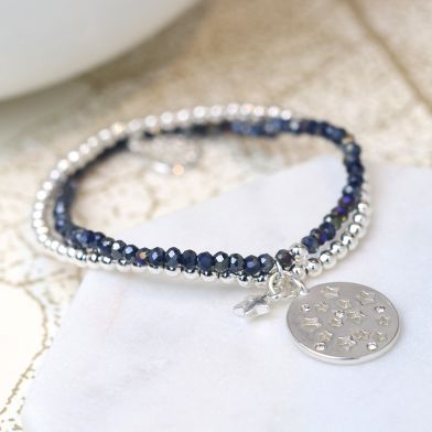 Silver Plated and Blue Bead Double Strand Bracelet with Star Charms by Peace Of Mind